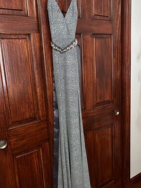 Silver Sparkle Evening Gown with Embellished Waist